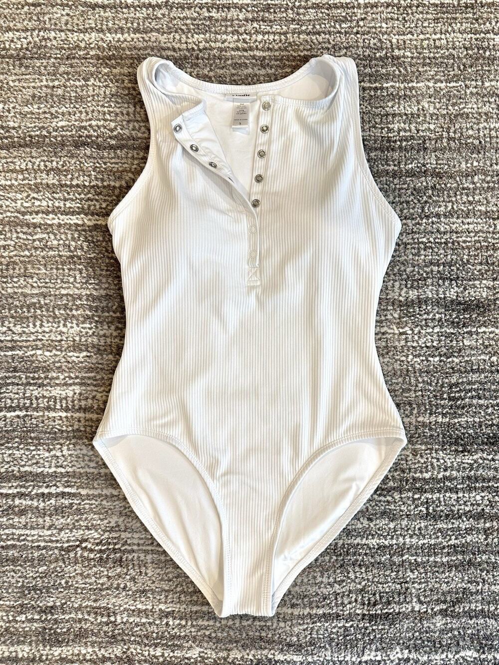 Andie Malibu White Henley One Piece Swimsuit Snap Front SZ Small Ribbed Classic
